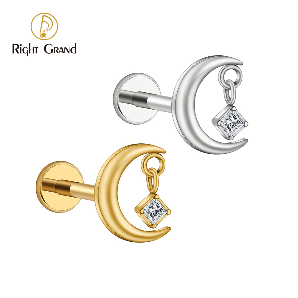 Right Grand ASTM F136 Titanium 16G  Internal Threaded CZ Moon Cartilage Earring Tiny Crescent Moon CZ Dangle Helix Tragus Conch Stud Ear Piercing