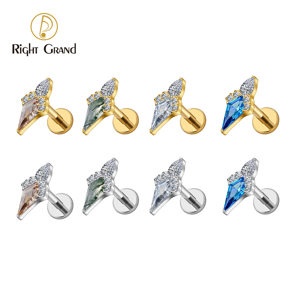 Right Grand ASTM F136 Titanium 16G Internal Threaded Afterglow Rhombus Kite CZ Stud Earring Cartilage Helix Tragus Conch Ear Piercing Body Jewelry