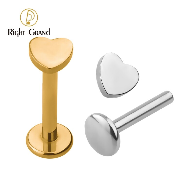 Right Grand Internally Threaded Titanium ASTM F136  Heart Shape Round Flat Labret