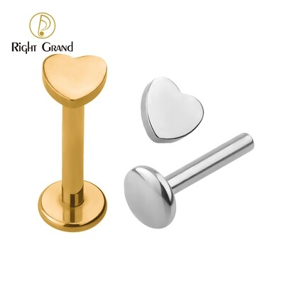 Right Grand Internally Threaded Titanium ASTM F136  Heart Shape Round Flat Labret