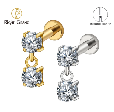 Right Grand ASTM F136 Titanium 18G/16G Threadless Push Pin 2 Zircons Link Drop Cartilage Stud Earring Flat Back Helix Piercing Right Grand ASTM F136 Titanium 18G/16G Threadless Push Pin 2 Zircons Link Drop Cartilage Stud Earring Flat Back Helix Piercing