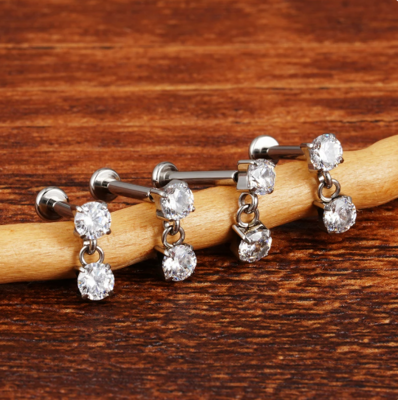 Right Grand ASTM F136 Titanium 18G/16G Threadless Push Pin 2 Zircons Link Drop Cartilage Stud Earring Flat Back Helix Piercing