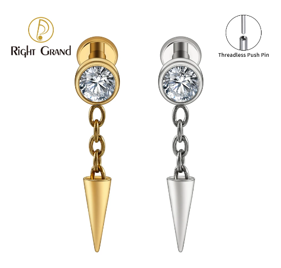 Right Grand ASTM F136 Titanium CZ Chain Spike Cone Dangle Drop Earring 18G/16G Threadless Push Pin Flat Back Labret Body Jewelry