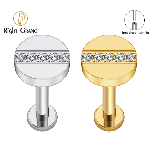 Right Grand ASTM F136 Titanium 18G/16G Threadless CZ Nail Earring Disc Cartilage Tragus Helix Stud Push Pin Labret Body Jewelry