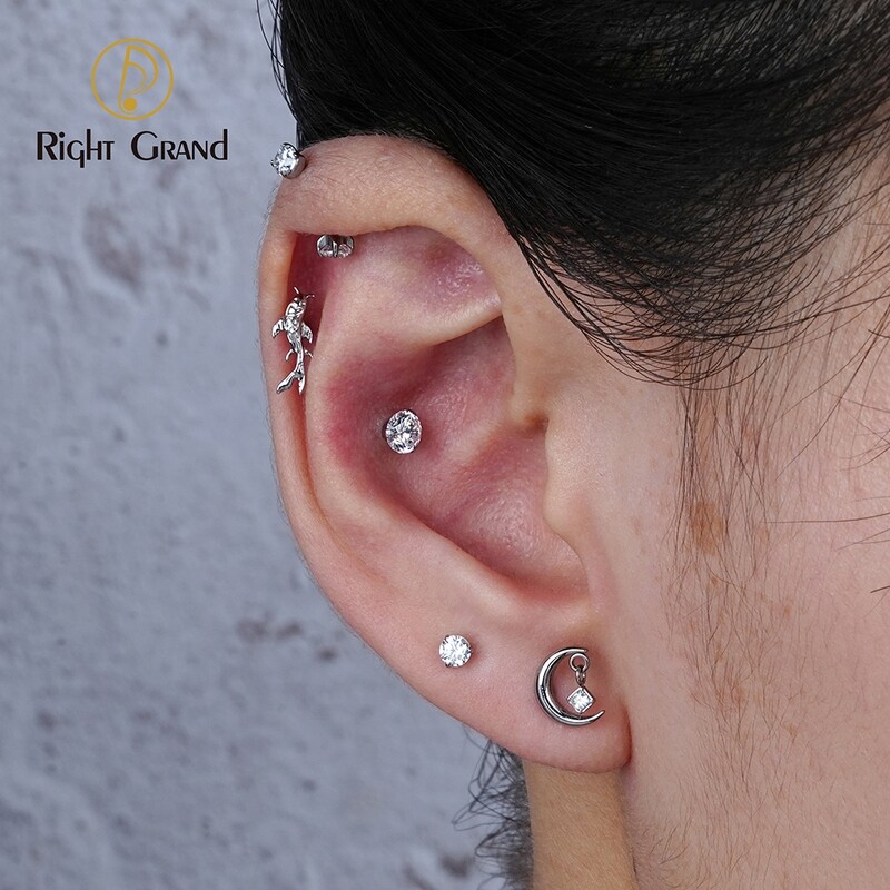 Right Grand ASTM F136 Titanium 16G Threadless Push Pin CZ Moon Cartilage Earring Tiny Crescent Moon CZ Dangle Helix Tragus Conch Stud Ear Piercing Top