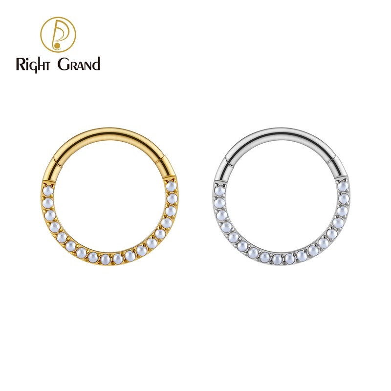 Right Grand ASTM F136 Titanium 16G Hinged Segment Ring Front Face Pearl Septum Clicker Daith Cartilage Hoop Earring Piercing