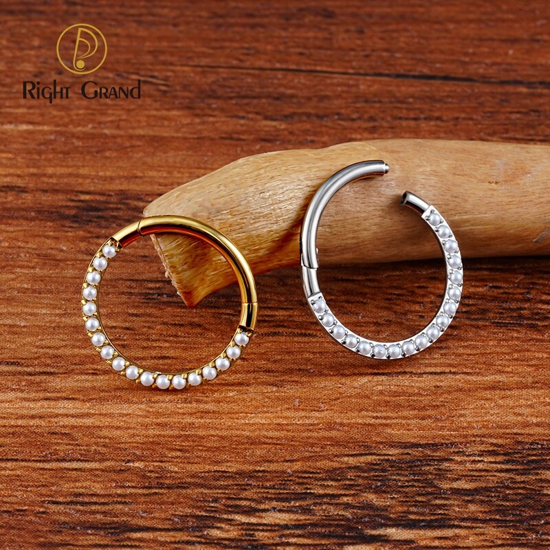 Right Grand ASTM F136 Titanium 16G Hinged Segment Ring Front Face Pearl Septum Clicker Daith Cartilage Hoop Earring Piercing
