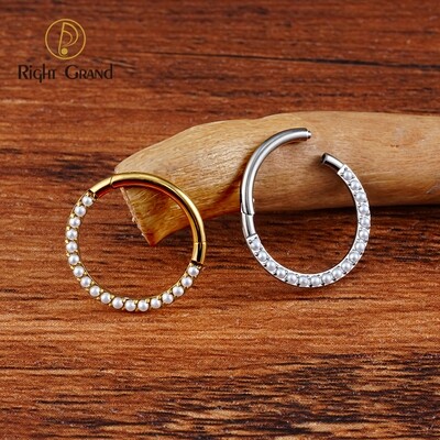 Right Grand ASTM F136 Titanium 16G Hinged Segment Ring Front Face Pearl Septum Clicker Daith Cartilage Hoop Earring Piercing