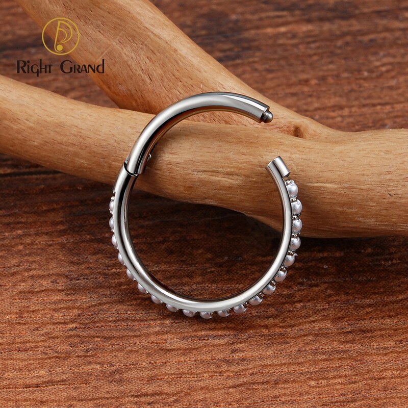 Right Grand ASTM F136 Titanium 16G Pearl Eternity Side Facing Hinged Segment Hoop Clicker Cartilage Helix Conch Rook Earring
