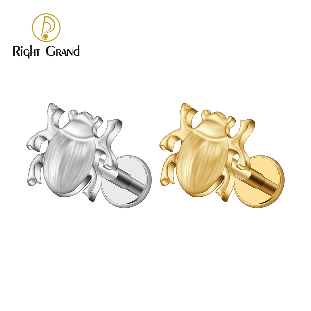 Right Grand ASTM F136 Titanium 16G  Internal Threaded Scarab Beetle Cartilage Stud Earring Internally Threaded Insect Helix Earlobe Labret Piercing