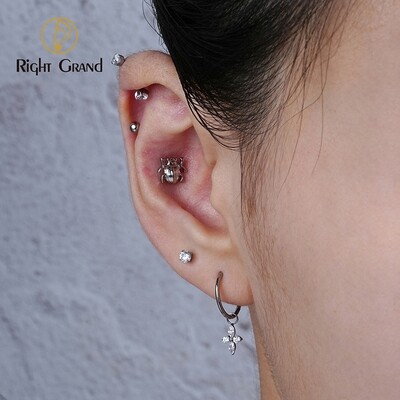 Right Grand ASTM F136 Titanium 16G  Internal Threaded Scarab Beetle Cartilage Stud Earring Internally Threaded Insect Helix Earlobe Labret Piercing