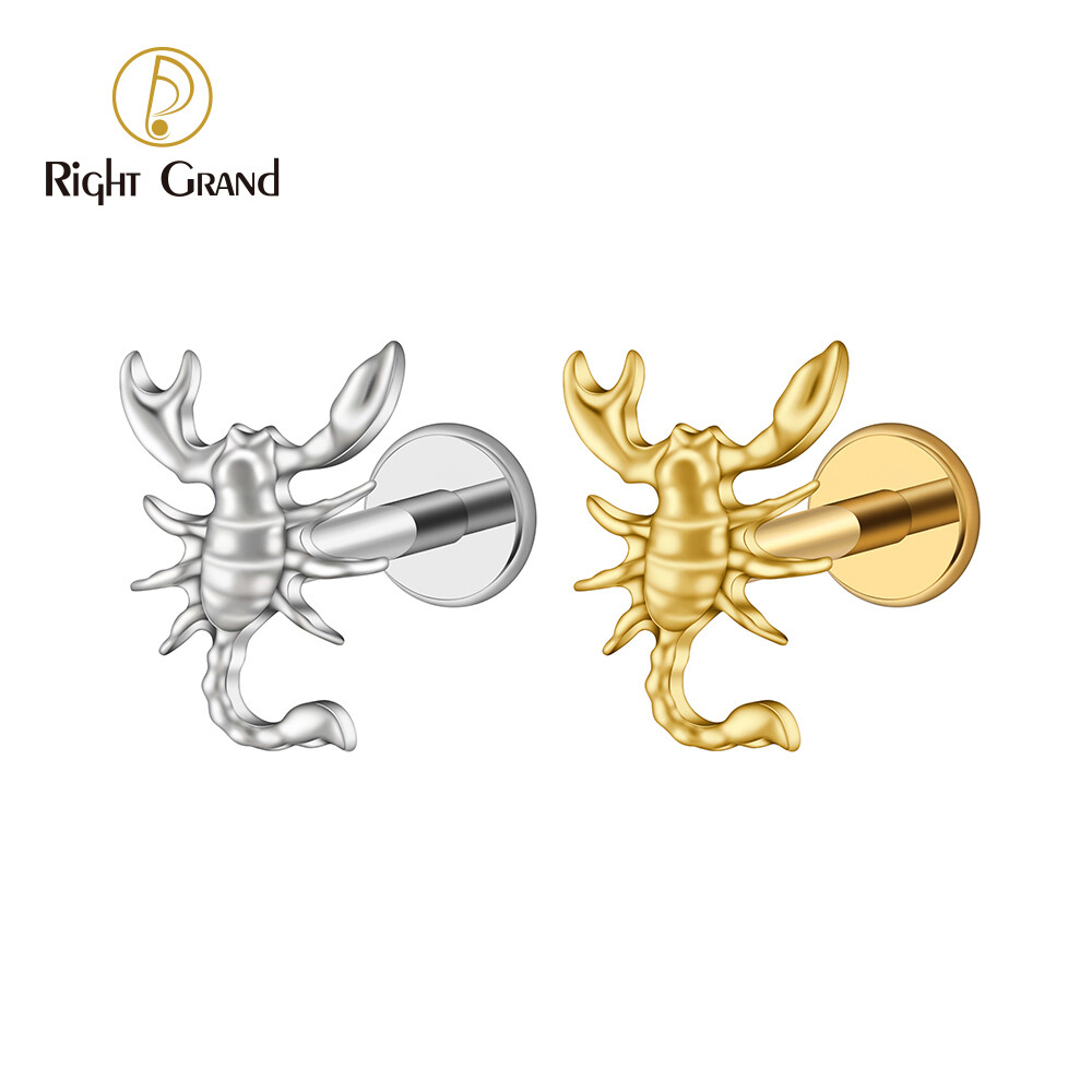 Right Grand ASTM F136 Titanium 16G  Internal Threaded Scorpion Labret Stud Flatback Zodiac Earring Tragus Cartilage Helix Piercing Body Jewelry