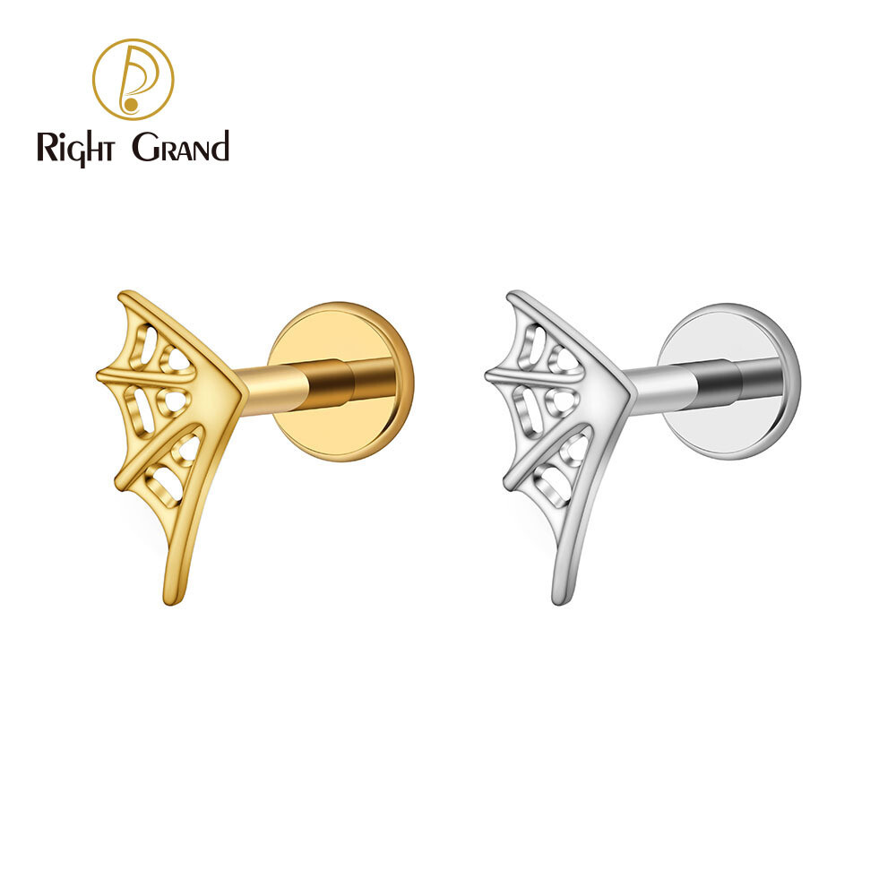 Right Grand ASTM F136 Titanium 16G  Internal Threaded Spider Web Stud Earring Halloween Internally Threaded Helix Cartilage Tragus Lip Piercing