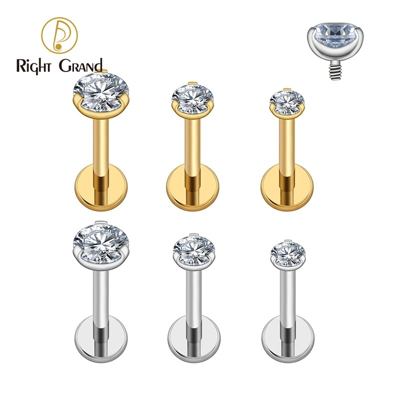 Right Grand ASTM F136 Titanium 2.5/3/4mm CZ Labret Stud 16G  Internal Threaded Tragus Helix Cartilage Conch Flatback Earlobe Piercing Body Jewelry