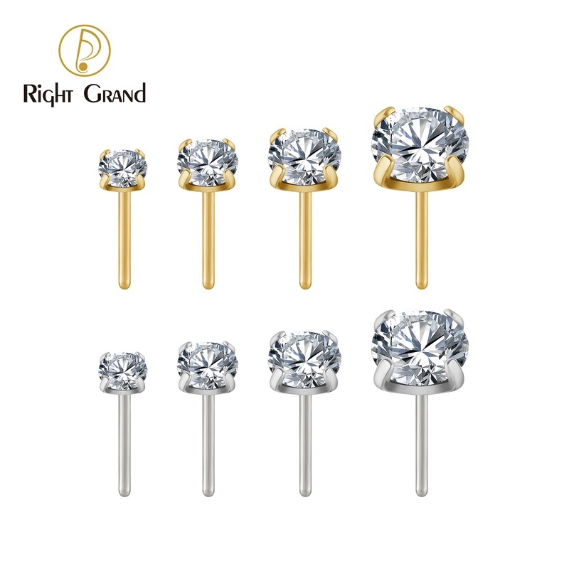 Right Grand ASTM F136 Titanium Threadless Push Pin CZ Top End for Tragus Helix Cartilage Conch Nose Stud Ring Piercing