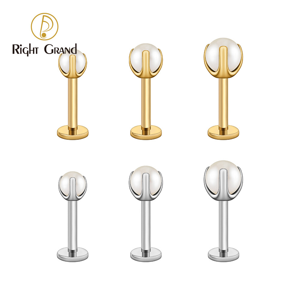 Right Grand ASTM F136 Titanium 16G  Internal Threaded White Pearl Stud Earring Tragus Helix Cartilage Conch Earring Nose Stud Labret Ring Piercing