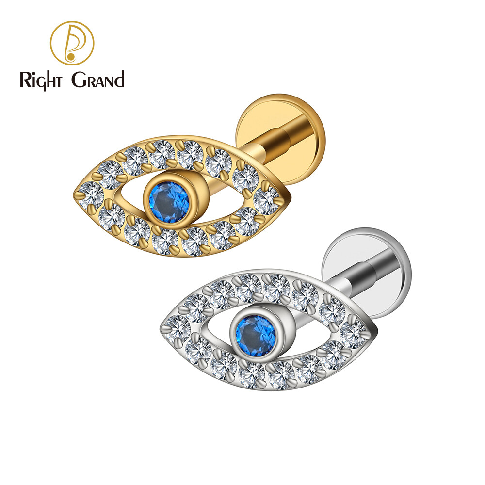 Right Grand ASTM F136 Titanium 16G  Internal Threaded Evil Eye Internally Threaded Labret Stud Cartilage Earring Tragus Helix Flat Back Piercing