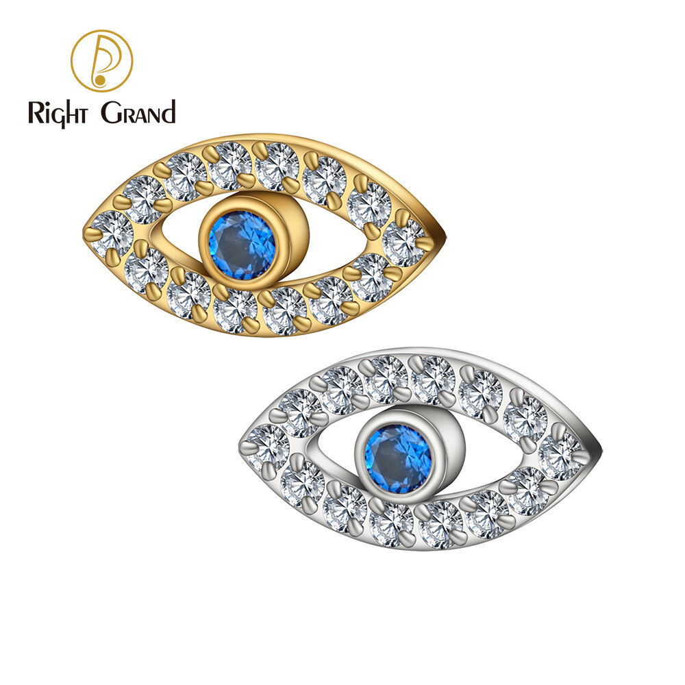 Right Grand ASTM F136 Titanium 16G  Internal Threaded Evil Eye Internally Threaded Labret Stud Earring Helix Tragus Piercing Top