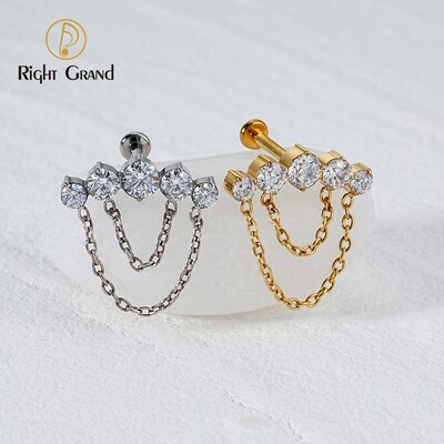 Right Grand ASTM F136 Titanium 5-Cluster CZ Threadless Push Pin Labret Stud Earring with 2 Tier Dangle Chain Helix Cartilage Tragus Lip Flat Back Piercing