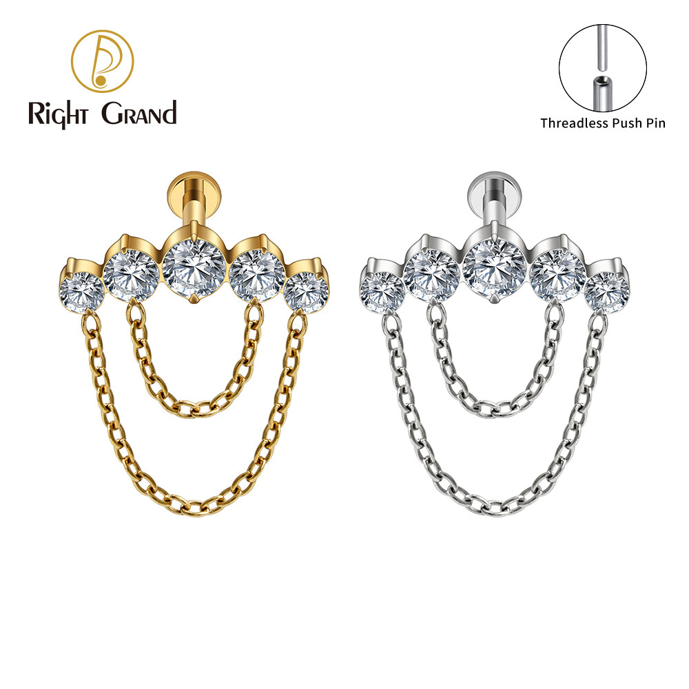 Right Grand ASTM F136 Titanium 5-Cluster CZ Threadless Push Pin Labret Stud Earring with 2 Tier Dangle Chain Helix Cartilage Tragus Lip Flat Back Piercing