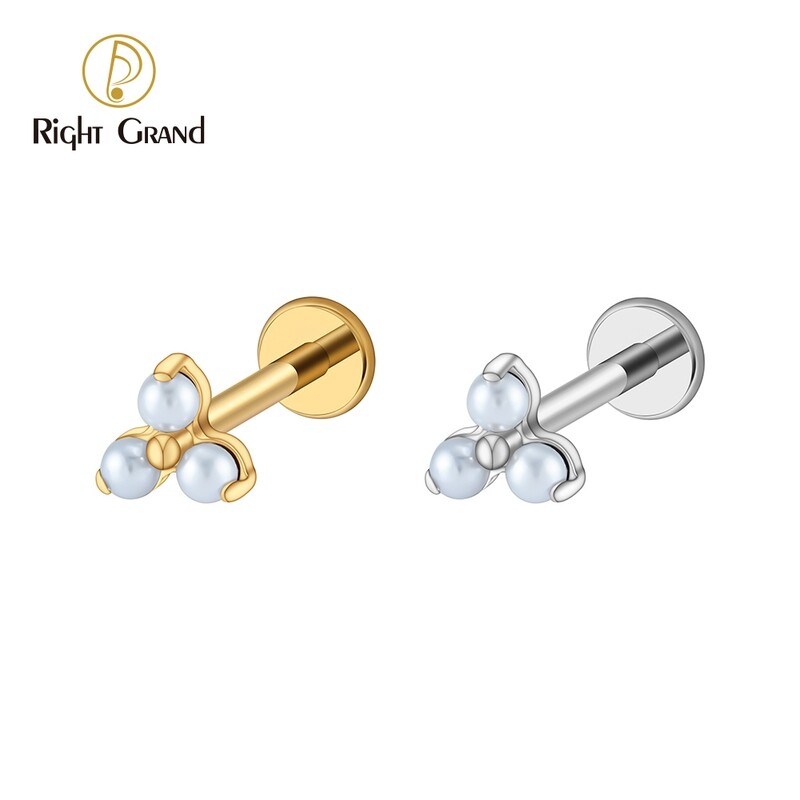 Right Grand ASTM F136 Titanium 16G  Internal Threaded Trinity Pearl Earring Helix Tragus Cartilage Stud Triple Flower Earlobe Lip Piercing Jewelry