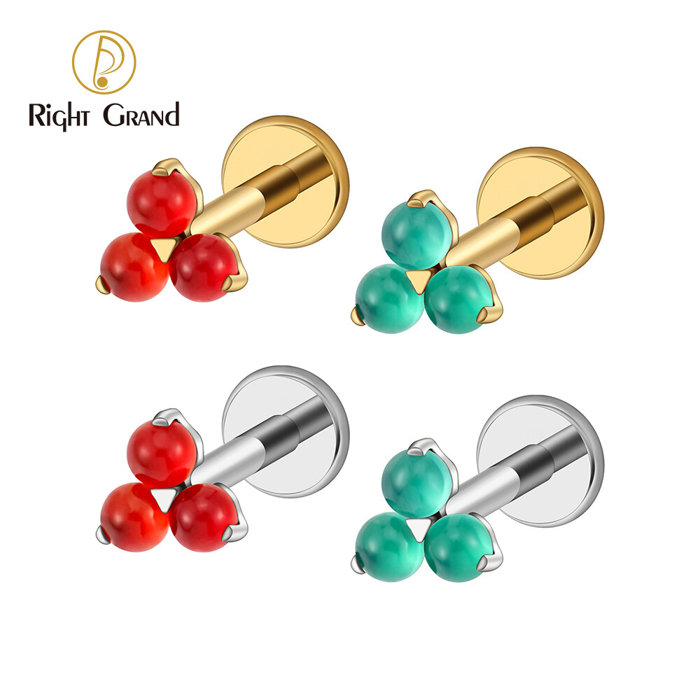 Right Grand ASTM F136 Titanium 16G Internal Threaded Triple Dot Cartilage Earring Green Aventurine Carnelian Helix Tragus Labret Stud Piercing