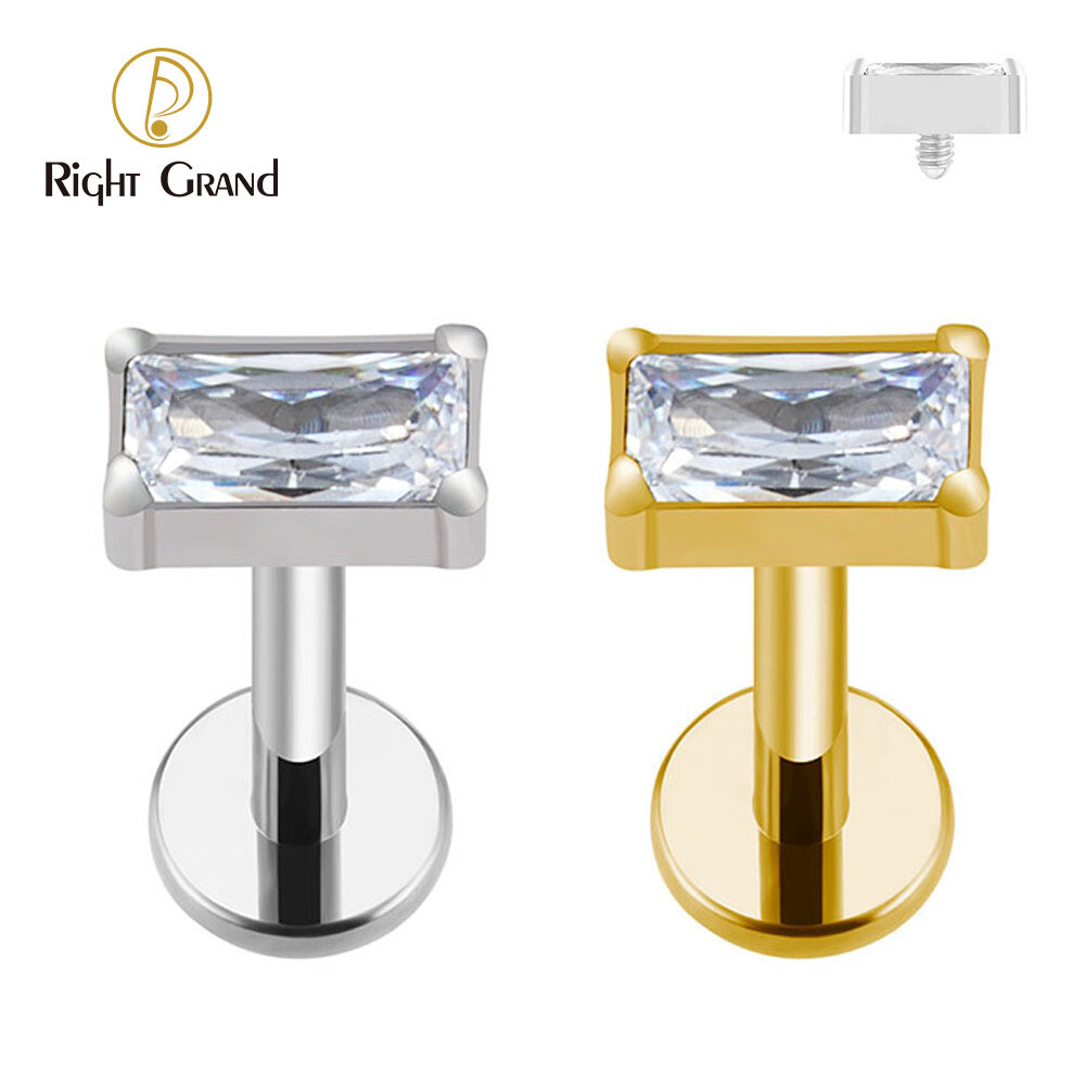 Right Grand ASTM F136 Titanium Internally Threaded Rectangle CZ Earrings Piercing Flat Back Labret Lip Tragus Helix Cartilage Piercing