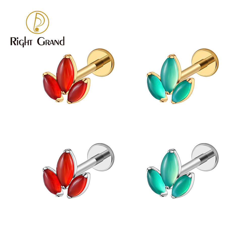 Right Grand ASTM F136 Titanium 16G  Internal Threaded Triple Marquise Natural Stone Cluster Labret Helix Conch Cartilage Tragus Earlobe Piercing