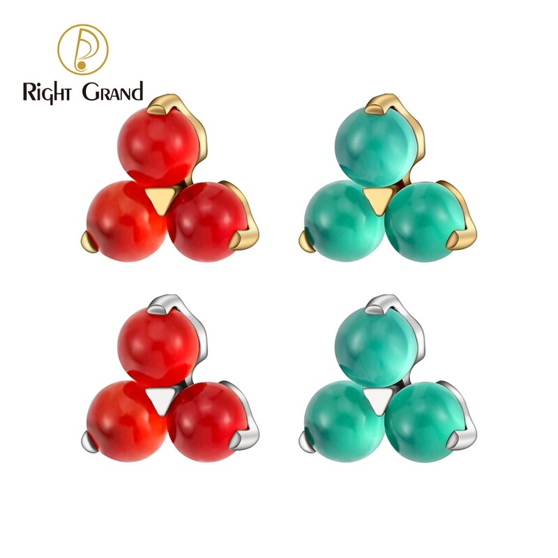 Right Grand ASTM F136 Titanium 16G  Internal Threaded Triple Dot Cartilage Earring Green Aventurine Carnelian Helix Tragus Labret Stud Piercing Ends