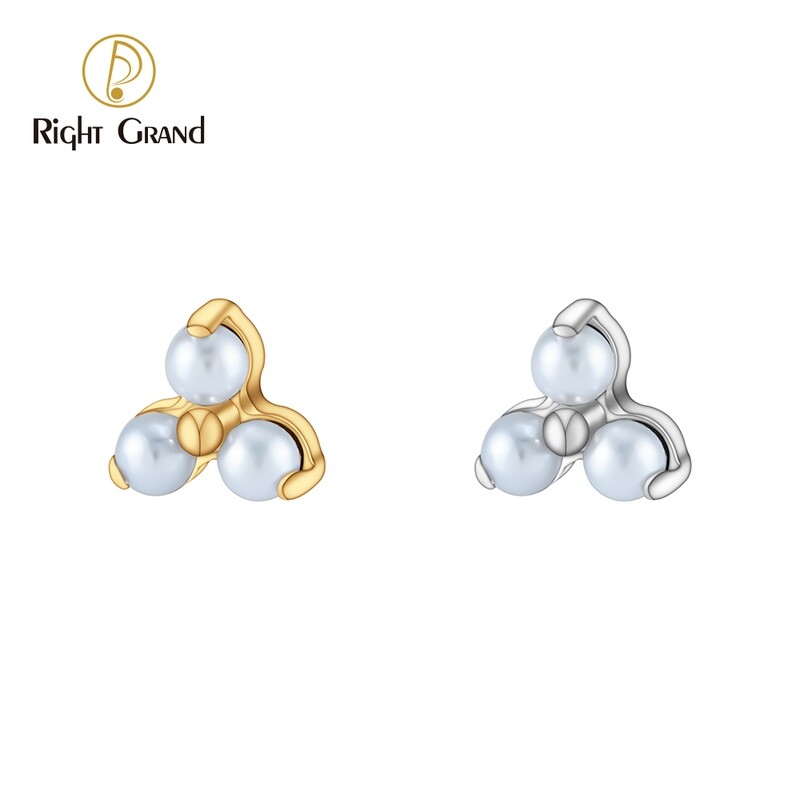 Right Grand ASTM F136 Titanium 16G  Internal Threaded Trinity Pearl Helix Tragus Labret Stud Piercing Ends