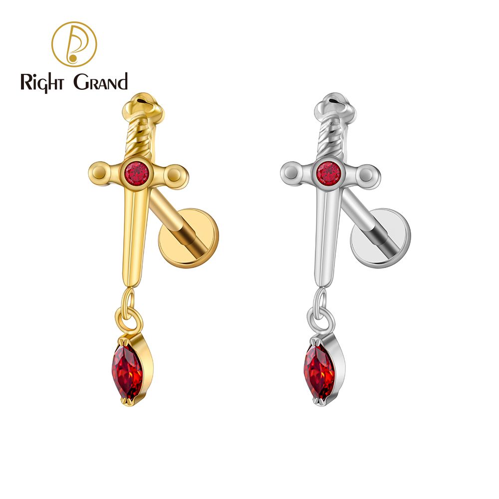Right Grand ASTM F136 Titanium 16G  Internal Threaded Marquise CZ Dangle Dagger Flat Back Labret Sword Stud Earring Cartilage Helix Tragus Piercing