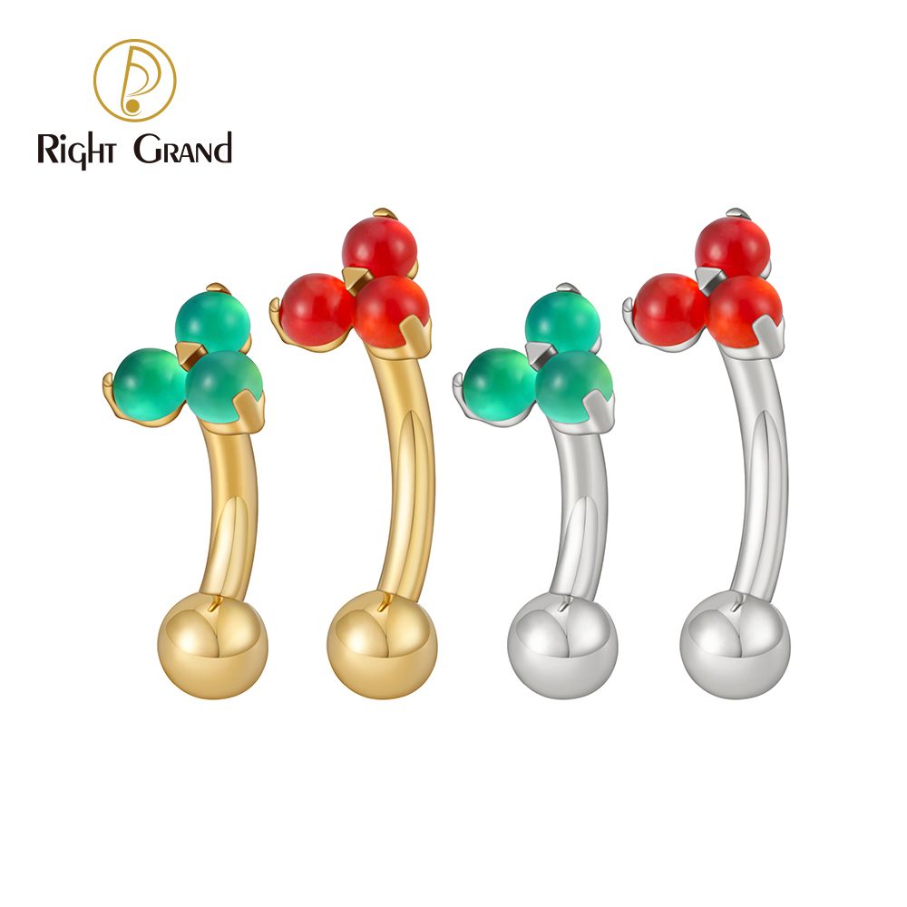 Right Grand ASTM F136 Titanium 16G Triple Natural Stone Curved Barbell Rook Earring Cartilage Helix Eyebrow Lip Labret Piercing
