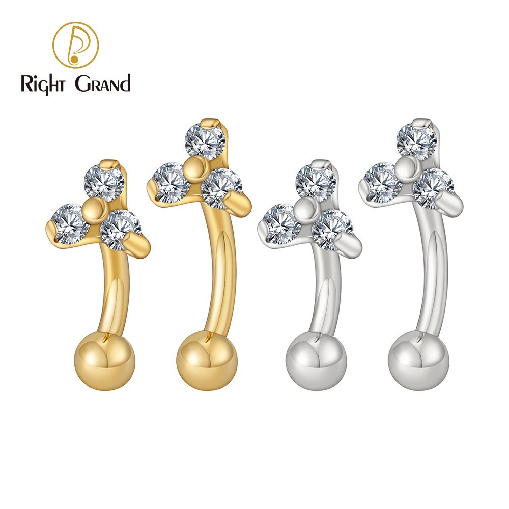 Right Grand ASTM F136 Titanium 16G Triple CZ Flower Curved Barbell Rook Earring Eyebrow Cartilage Tragus Labret Stud Piercing