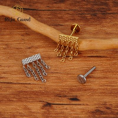 Right Grand ASTM F136 Titanium Internally Threaded Hammer Rectangle Titanium Chain Dangle Labret Studs Earring Tragus Helix Cartilage Piercing (Chain only can anodize from 12V-65V)