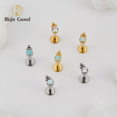 Right Grand Implant Grade Titanium Internal Thread ASTM F136 Bezel Set Clear Zircon Welding Beaded labret Ring