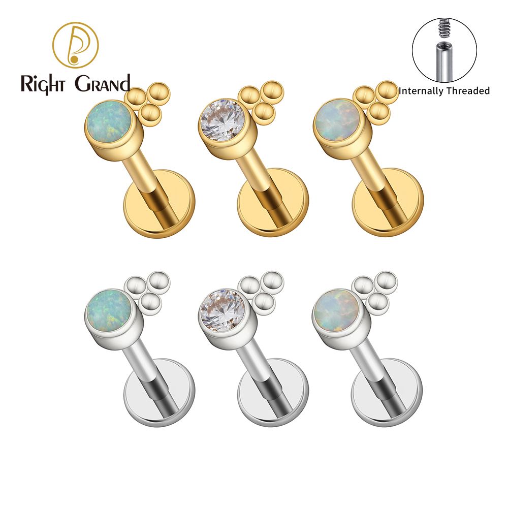Right Grand Implant Grade Titanium Internal Thread ASTM F136 Bezel Set Clear Zircon Welding Beaded labret Ring