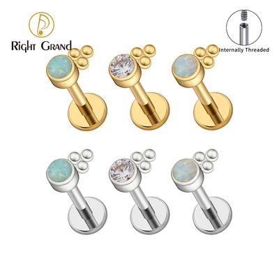 Right Grand Implant Grade Titanium Internal Thread ASTM F136 Bezel Set Clear Zircon Welding Beaded labret Ring