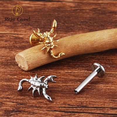 Right Grand ASTM F136 Titanium 16G  Internal Threaded Scorpion Labret Stud Flatback Zodiac Earring Tragus Cartilage Helix Piercing Body Jewelry