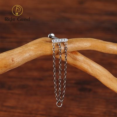 Right Grand ASTM F136 Titanium 16G Threadless Push Pin Triple  Chains Tassel T Shaped Conch Helix Cartilage Stud Earring (Chain only can anodize from 12V-65V)