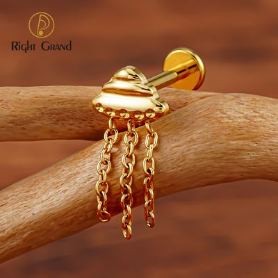 Right Grand ASTM F136 Titanium 16G Internal Threaded UFO Stud Earring with Tassel Chain Cute Spaceship Cartilage Helix Tragus Labret Lip Piercing