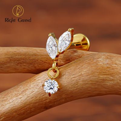 Right Grand ASTM F136 Titanium Internal Threaded Double Marquises with CZ Dangle Stud Earring Cartilage Helix Tragus Flat Back Piercing Jewelry