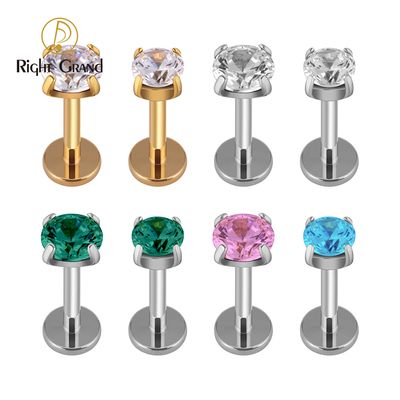 Right Grand Implant Grade ASTM F136 Titanium Internal Thread Prong Set Clear Zircon Round Flat Labret