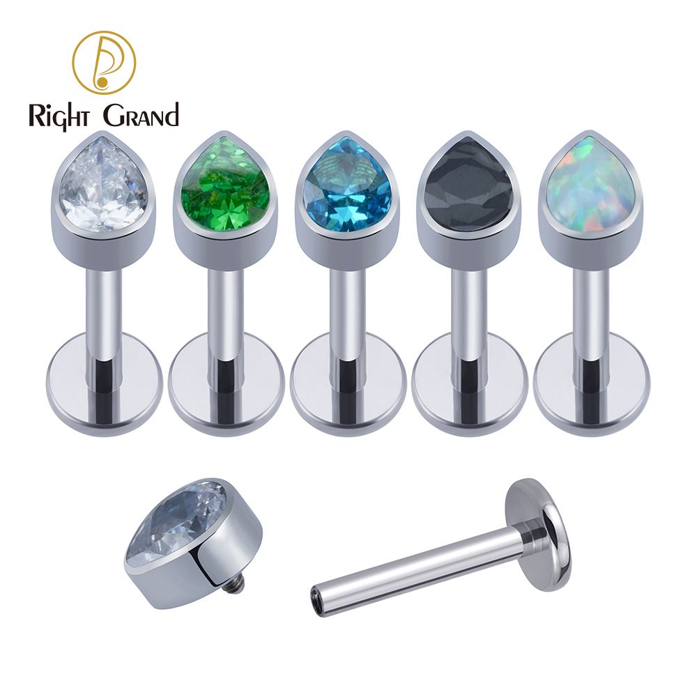 Right Grand ASTM F136 Titanium Single Tiny Teardrop CZ Internally Threaded  Flat Back Labret Helix Tragus Piercing Labret