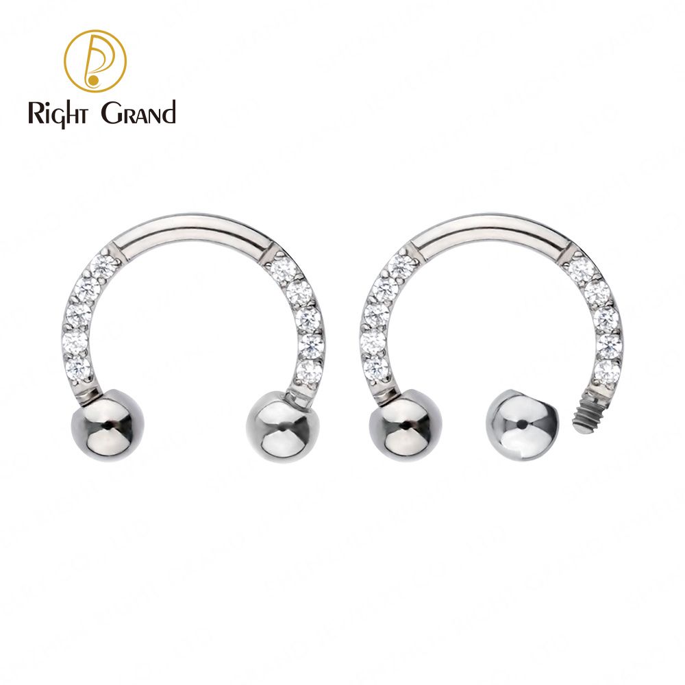 Right Grand ASTM F136 Titanium Implant Grade CZ Clear External Thread Circular Barbell Horseshoes Nose Piercings