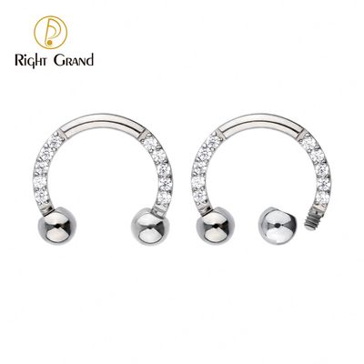 Right Grand ASTM F136 Titanium Implant Grade CZ Clear External Thread Circular Barbell Horseshoes Nose Piercings