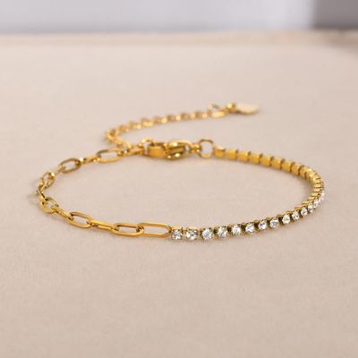 Right Grand Women Trendy Fashion Jewelry Stainless Steel Half Paper Clip Chain 18K Gold Plated Cubic Zirconia Bracelet