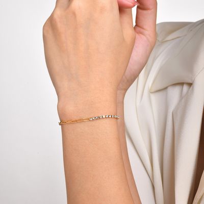 Right Grand Women Trendy Fashion Jewelry Stainless Steel Half Paper Clip Chain 18K Gold Plated Cubic Zirconia Bracelet
