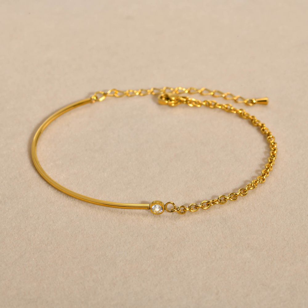 Right Grand Dainty Half Link Chain Bangle Women Simple Fashion Jewelry Stainless Steel Gold Plated Cubic Zirconia Bracelet
