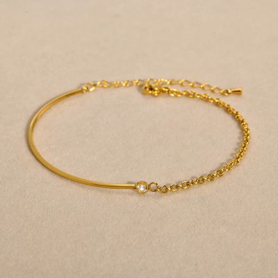 Right Grand Dainty Half Link Chain Bangle Women Simple Fashion Jewelry Stainless Steel Gold Plated Cubic Zirconia Bracelet