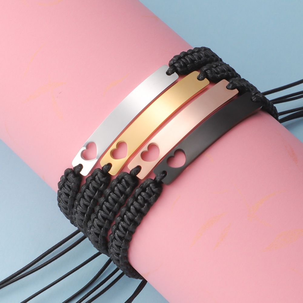 Right Grand Personalized Jewelry Manufacturer Stainless Steel Custom Diy Laser Engraving Heart Blank Rope Braided Bracelet